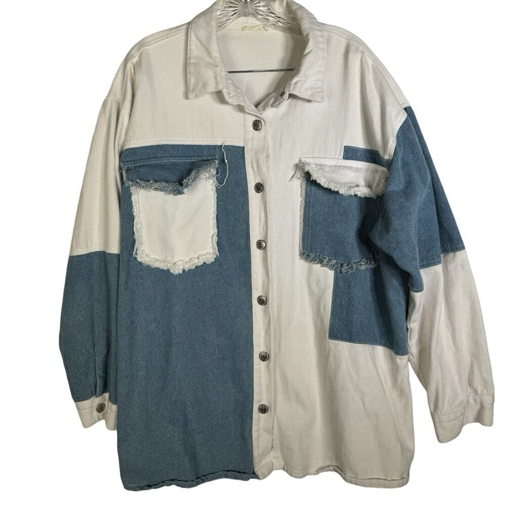 Miss Me Oversized Denim Shirt Jacket Blue White Colorblock Chest Pockets